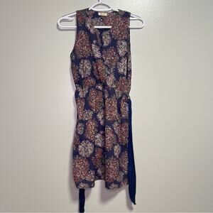 Everly Navy Floral Mini Dress V Neck Blue Sash Medium Sleeveless Boho Feminine